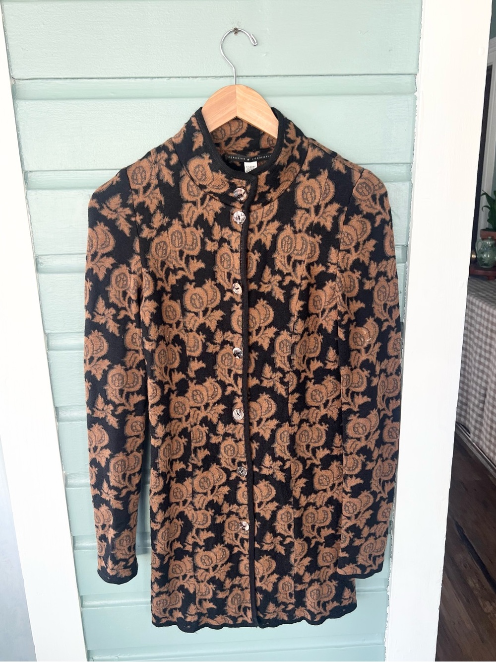Peruvian connection filagree print knit sweater jacket alpaca silk natural fiber